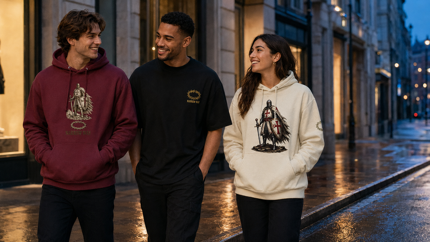 Friends wearing The Narrow Way apparel