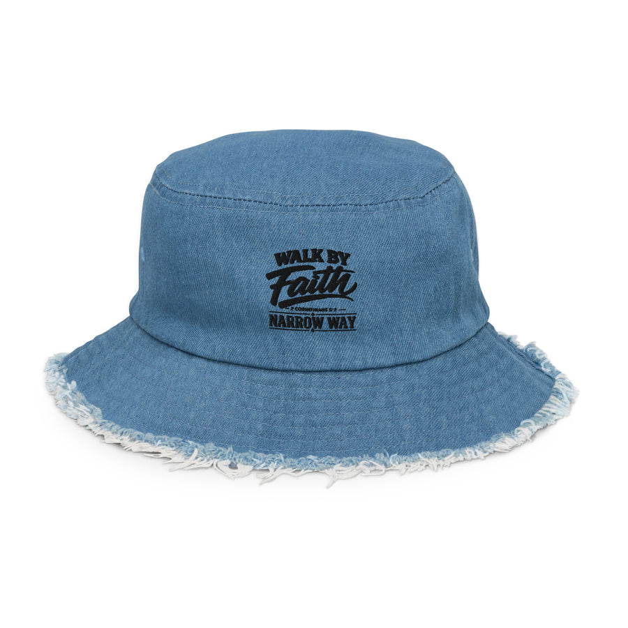 Narrow Way Walk By Faith Distressed Denim Bucket Hat